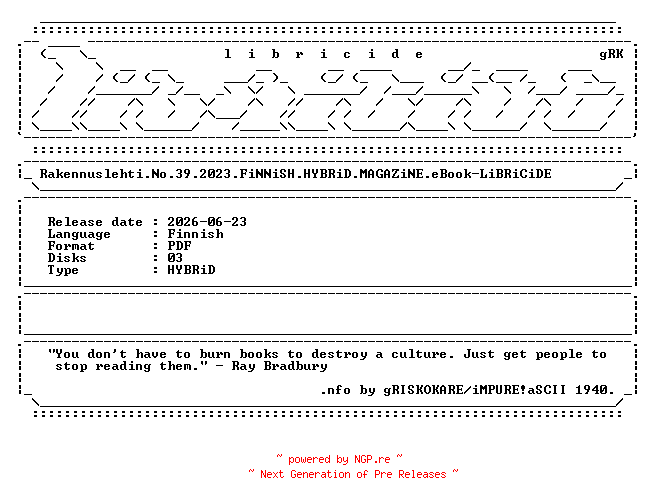 NFO for the release Rakennuslehti.No.39.2023.FiNNiSH.HYBRiD.MAGAZiNE.eBook-LiBRiCiDE by LiBRiCiDE