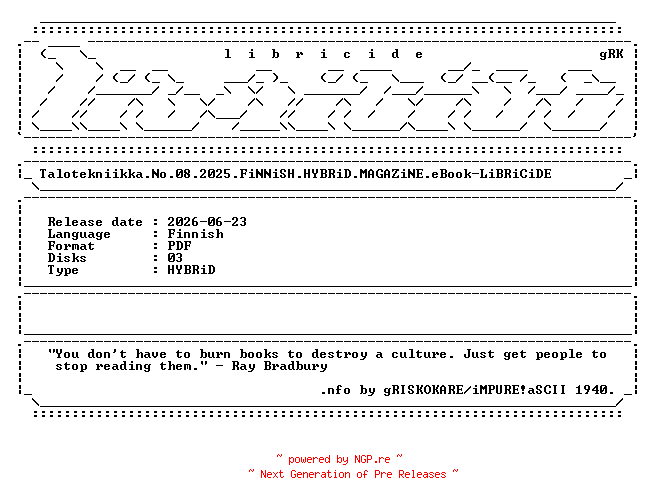 NFO for the release Talotekniikka.No.08.2025.FiNNiSH.HYBRiD.MAGAZiNE.eBook-LiBRiCiDE by LiBRiCiDE