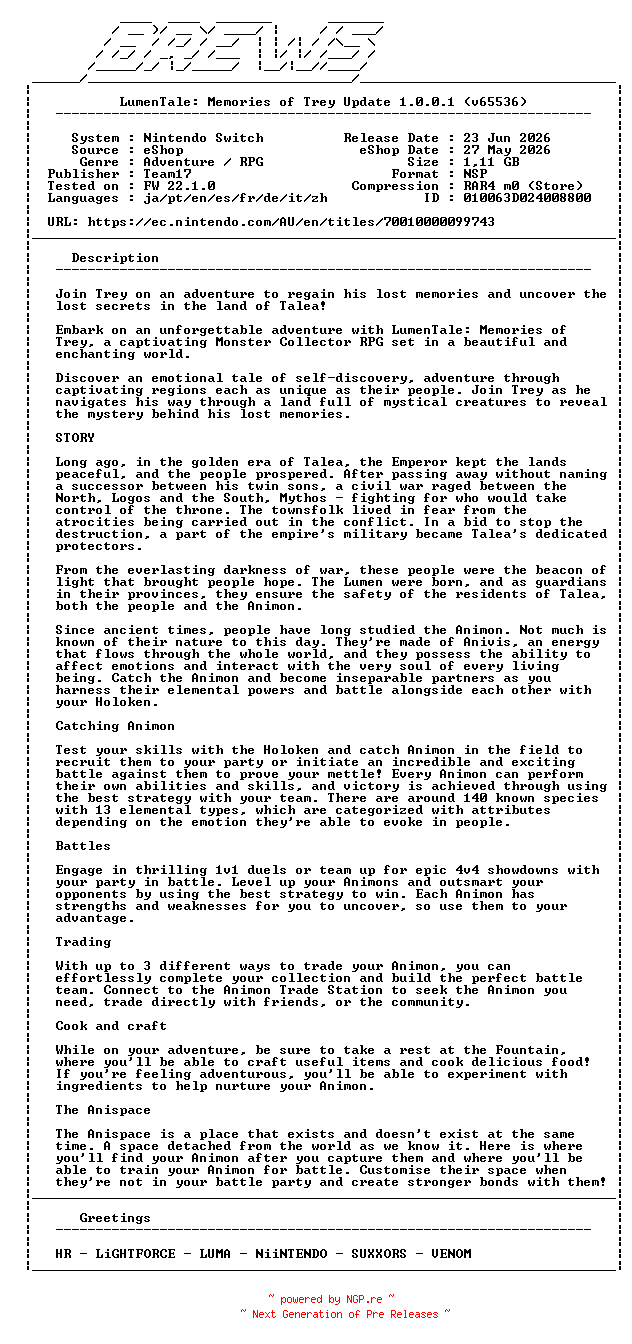 NFO for the release LumenTale_Memories_of_Trey_Update_v1.0.0.1_NSW-BREWS by BREWS