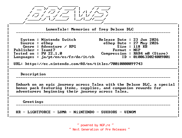 NFO for the release LumenTale_Memories_of_Trey_Deluxe_DLC_NSW-BREWS by BREWS