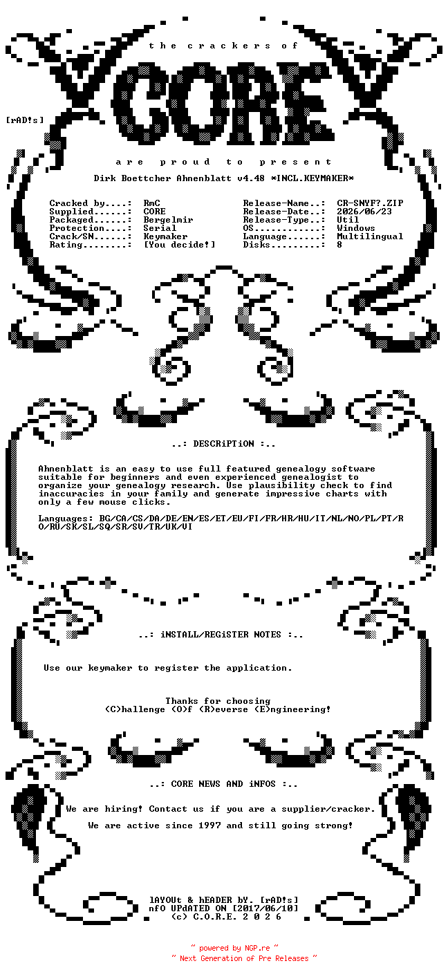 NFO for the release Dirk.Boettcher.Ahnenblatt.v4.48.x64.Multilingual.Incl.Keymaker-CORE by CORE