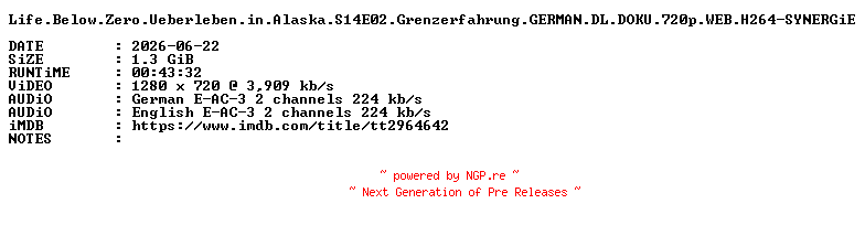 NFO for the release Life.Below.Zero.Ueberleben.in.Alaska.S14E02.Grenzerfahrung.GERMAN.DL.DOKU.720p.WEB.H264-SYNERGiE by SYNERGiE