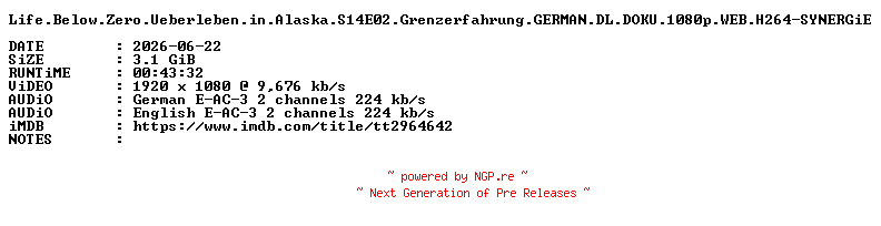 NFO for the release Life.Below.Zero.Ueberleben.in.Alaska.S14E02.Grenzerfahrung.GERMAN.DL.DOKU.1080p.WEB.H264-SYNERGiE by SYNERGiE