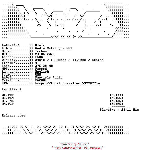 NFO for the release Viels-Audio_Catalogue_001-PAC001-24BIT-WEB-FLAC-2026-WAVED by WAVED
