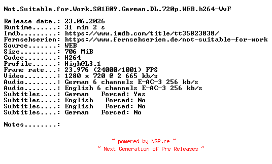 NFO for the release Not.Suitable.for.Work.S01E09.German.DL.720p.WEB.h264-WvF by WvF