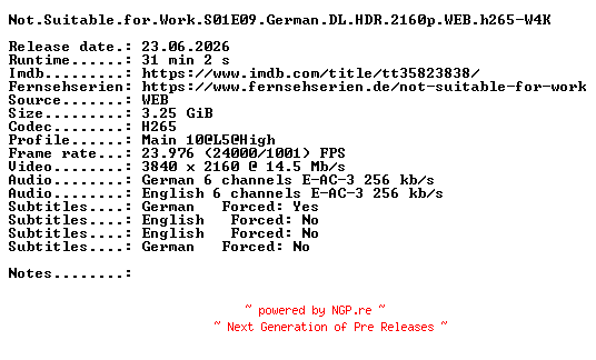 NFO for the release Not.Suitable.for.Work.S01E09.German.DL.HDR.2160p.WEB.h265-W4K by W4K
