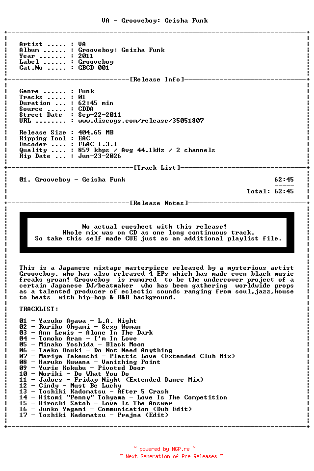 NFO for the release VA-Grooveboy-Geisha_Funk-(GBCD001)-JP-CD-FLAC-2011-LEB by LEB