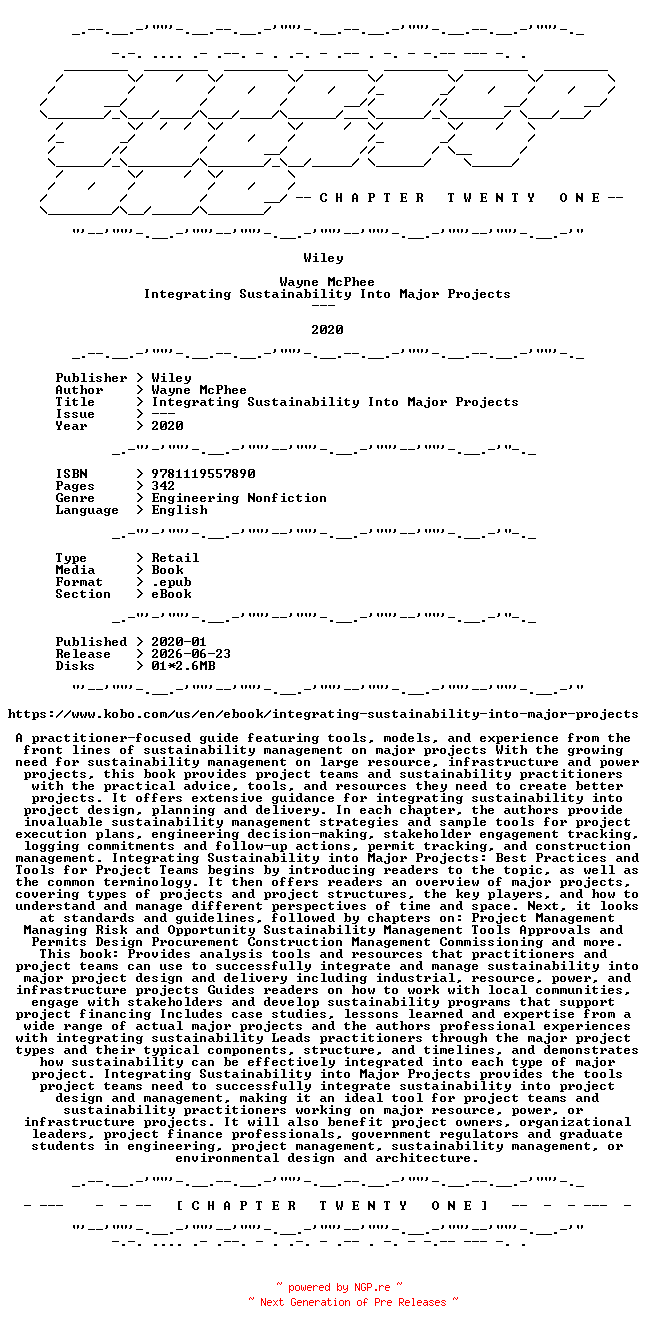 NFO for the release Wiley.-.Integrating.Sustainability.Into.Major.Projects.2020.RETAIL.EPUB.eBook-CTO by CTO