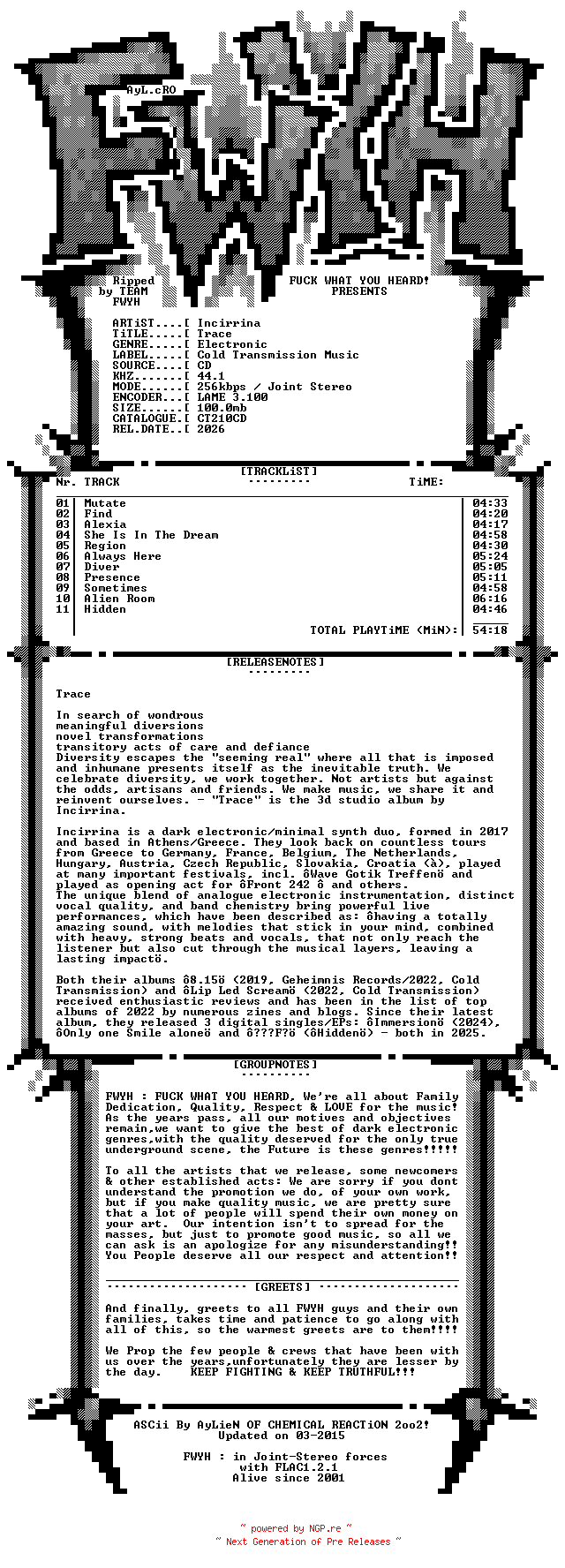 NFO for the release Incirrina-Trace-Limited_Edition-CD-2026-FWYH by FWYH