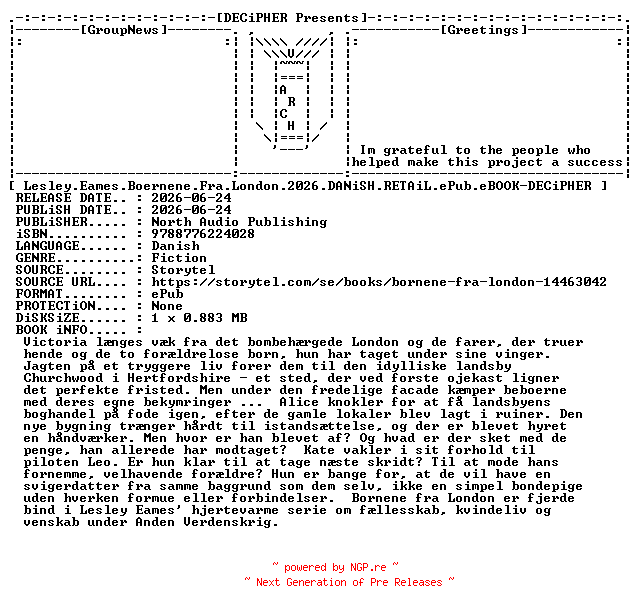 NFO for the release Lesley.Eames.Boernene.Fra.London.2026.DANiSH.RETAiL.ePub.eBOOK-DECiPHER by DECiPHER