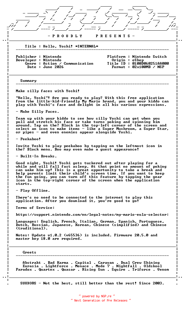 NFO for the release Hello_Yoshi_INTERNAL_NSW-SUXXORS by SUXXORS