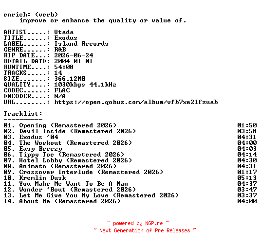 NFO for the release Utada-Exodus-REMASTERED-16BIT-WEB-FLAC-2026-ENRiCH by ENRiCH