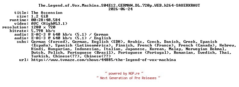 NFO for the release The.Legend.of.Vox.Machina.S04E12.GERMAN.DL.720p.WEB.h264-SAUERKRAUT by SAUERKRAUT