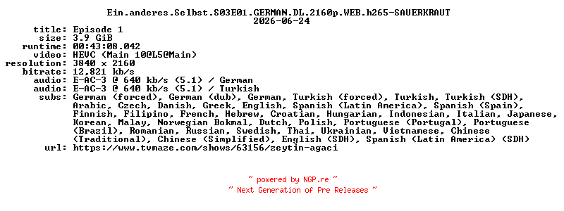 NFO for the release Ein.anderes.Selbst.S03E01.GERMAN.DL.2160p.WEB.h265-SAUERKRAUT by SAUERKRAUT