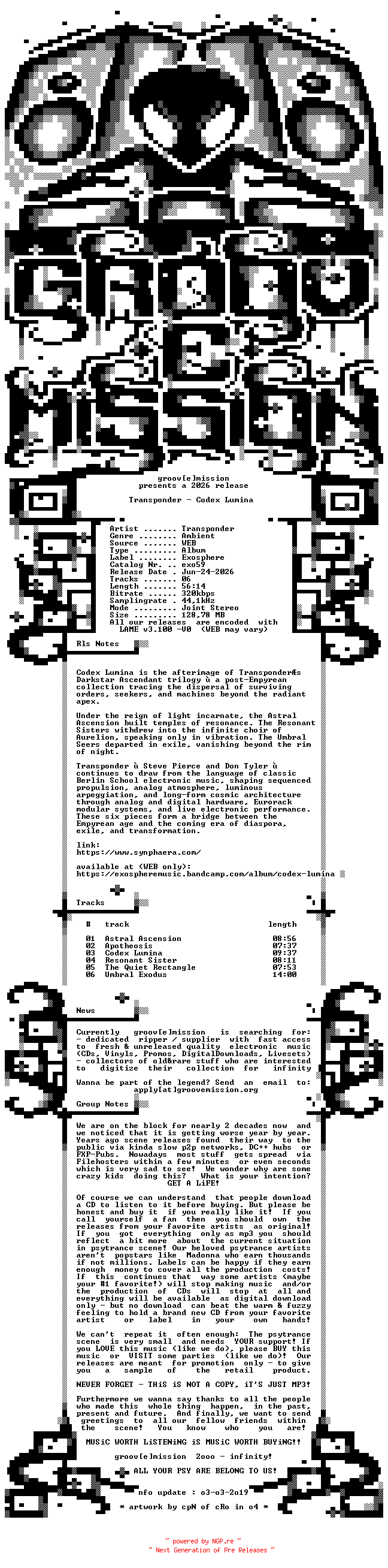 NFO for the release Transponder_-_Codex_Lumina-(exo59)-WEB-2026-gEm by gEm