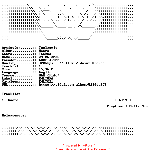 NFO for the release Tuulacult-Nacre-K4LT021-SINGLE-WEB-2026-WAV by WAV