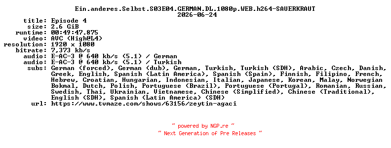 NFO for the release Ein.anderes.Selbst.S03E04.GERMAN.DL.1080p.WEB.h264-SAUERKRAUT by SAUERKRAUT