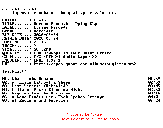 NFO for the release Ezalor-Verses_Beneath_a_Dying_Sky-EP-WEB-2026-ENRiCH by ENRiCH