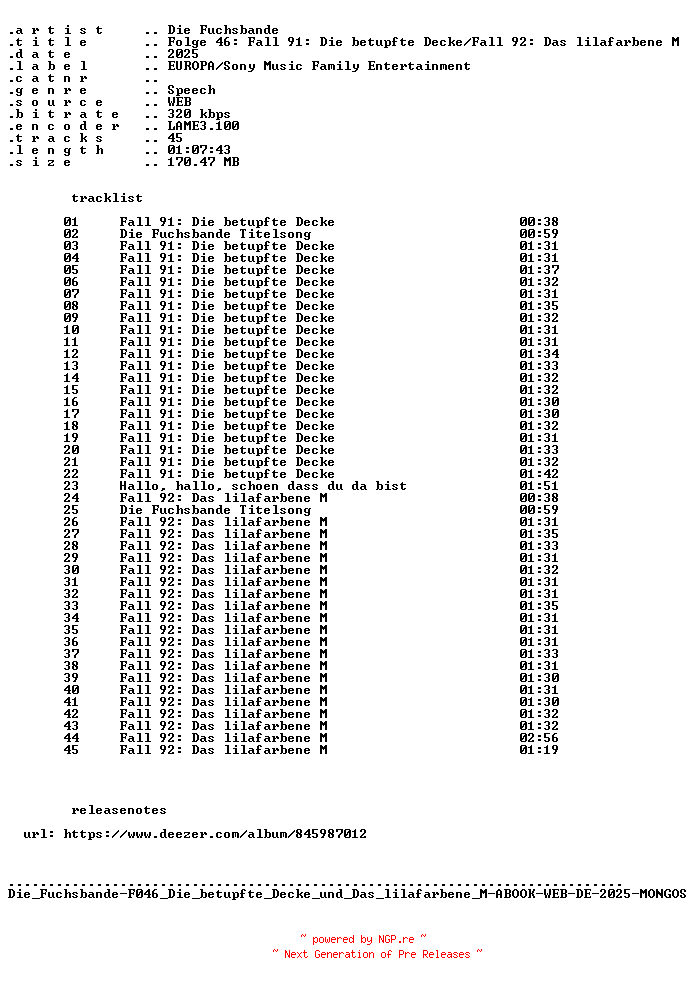 NFO for the release Die_Fuchsbande-F046_Die_betupfte_Decke_und_Das_lilafarbene_M-ABOOK-WEB-DE-2025-MONGOS by MONGOS