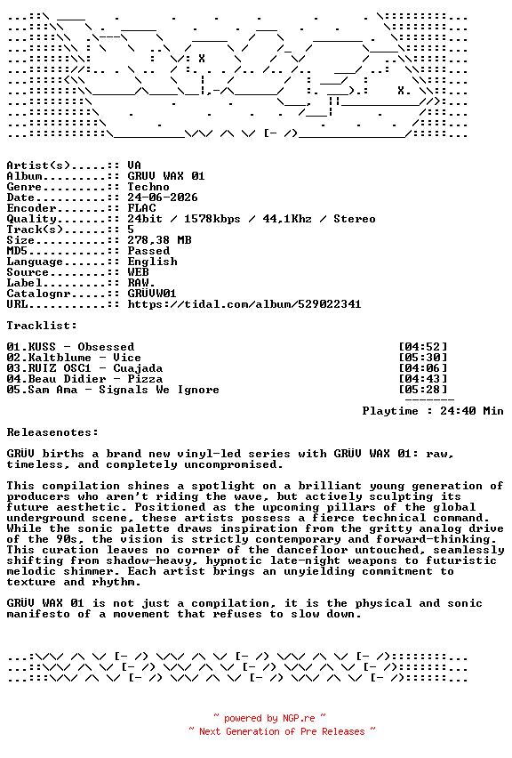 NFO for the release VA-GRUV_WAX_01-GRUVW01-24BIT-WEB-FLAC-2026-WAVED by WAVED