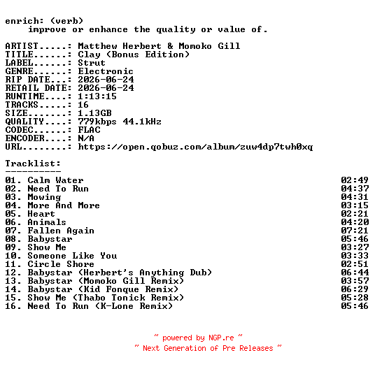 NFO for the release Matthew_Herbert_and_Momoko_Gill-Clay_(Bonus_Edition)-24BIT-WEB-FLAC-2026-ENRiCH by ENRiCH