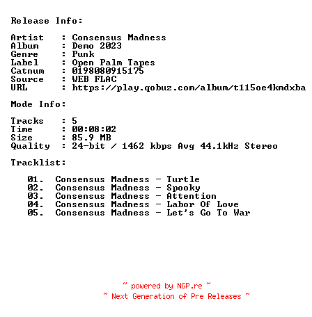 NFO for the release Consensus_Madness-Demo_2023-24BIT-44KHZ-WEB-FLAC-2023-CBR by CBR