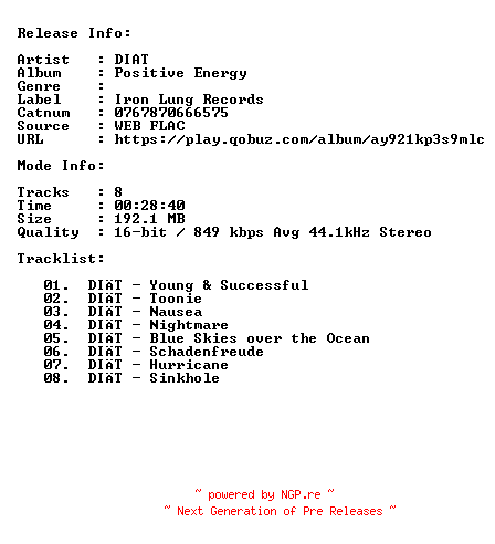 NFO for the release Diat-Positive_Energy-16BIT-44KHZ-WEB-FLAC-2015-CBR by CBR