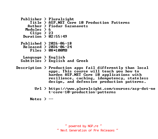 NFO for the release Pluralsight.ASP.NET.Core.10.Production.Patterns.2026.BOOKWARE-GETH by GETH