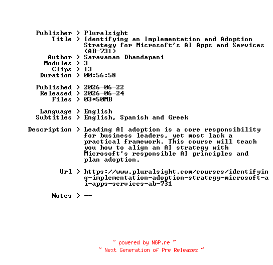 NFO for the release Pluralsight.Identifying.an.Implementation.and.Adoption.Strategy.for.Microsofts.AI.Apps.and.Services.AB-731.2026.BOOKWARE-GETH by GETH
