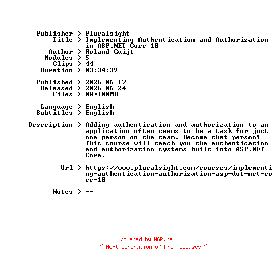 NFO for the release Pluralsight.Implementing.Authentication.and.Authorization.in.ASP.NET.Core.10.2026.BOOKWARE-GETH by GETH