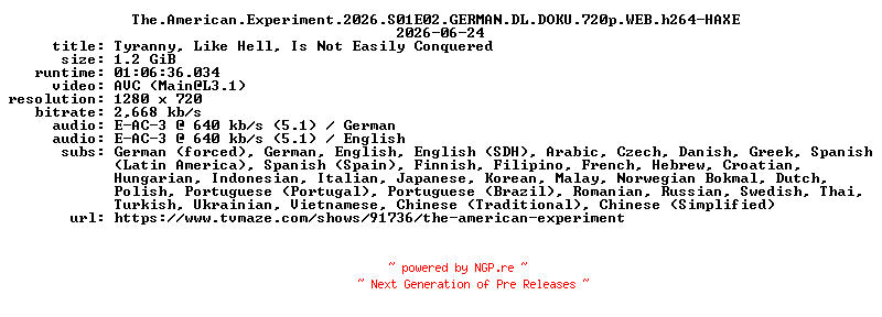 NFO for the release The.American.Experiment.2026.S01E02.GERMAN.DL.DOKU.720p.WEB.h264-HAXE by HAXE