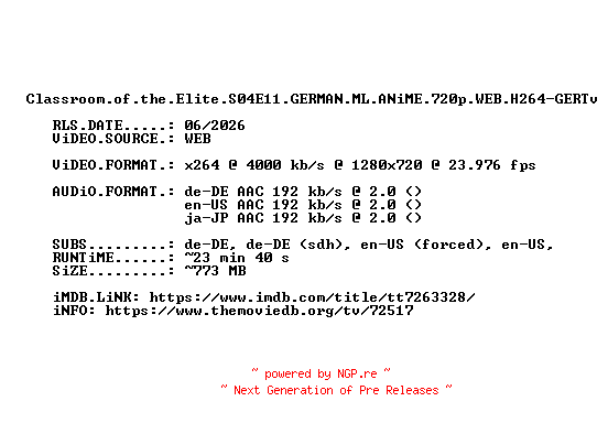 NFO for the release Classroom.of.the.Elite.S04E11.GERMAN.ML.ANiME.720p.WEB.H264-GERTv by GERTv