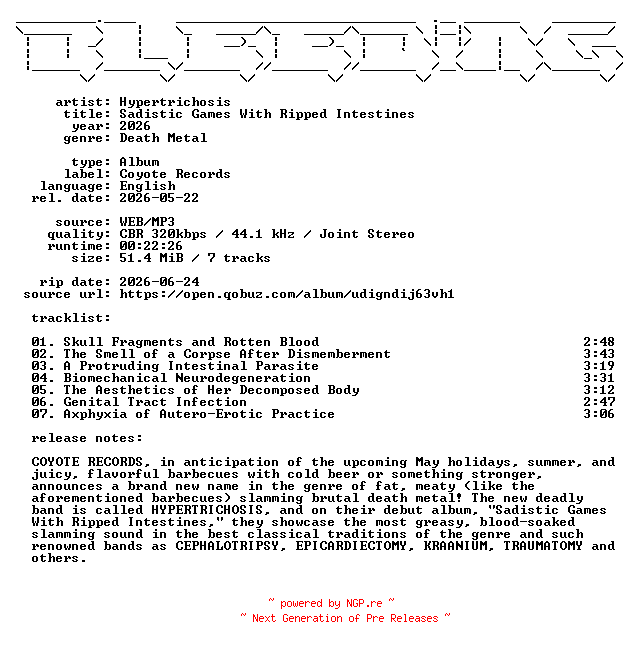 NFO for the release Hypertrichosis-Sadistic_Games_With_Ripped_Intestines-WEB-2026-BLEEDiNG by BLEEDiNG
