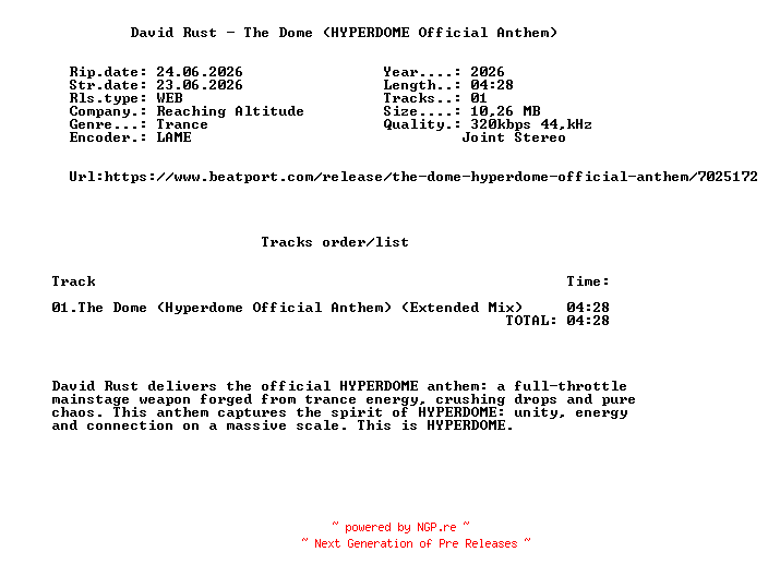 NFO for the release David_Rust_-_The_Dome_(HYPERDOME_Official_Anthem)-(RA414A)-SINGLE-WEB-2026-FMC by FMC