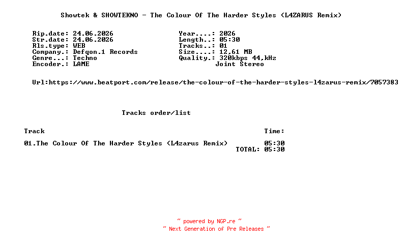 NFO for the release Showtek_And_SHOWTEKNO_-_The_Colour_Of_The_Harder_Styles_(L4ZARUS_Remix)-(DQ071BPRO)-SINGLE-WEB-2026-FMC by FMC