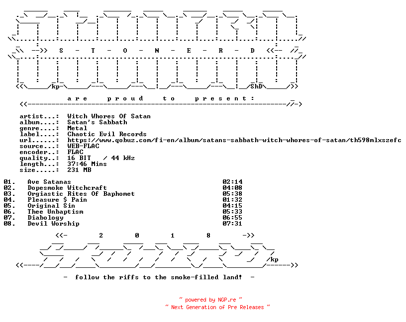 NFO for the release Witch_Whores_Of_Satan-Satans_Sabbath-16BIT-WEB-FLAC-2025-STONERD by STONERD