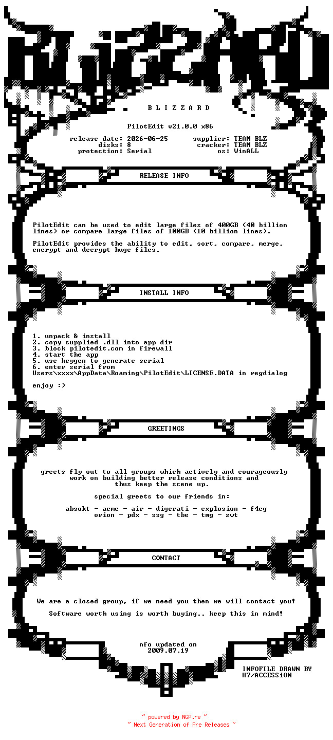 NFO for the release PilotEdit.v21.0.0.x86.WinALL.Incl.Keygen.Patch-BLiZZARD by BLiZZARD