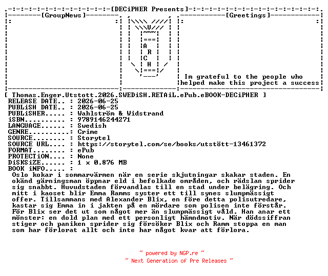 NFO for the release Thomas.Enger.Utstott.2026.SWEDiSH.RETAiL.ePub.eBOOK-DECiPHER by DECiPHER