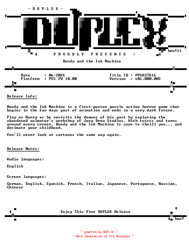 NFO for the release Bendy.and.the.Ink.Machine.PS5-DUPLEX by DUPLEX