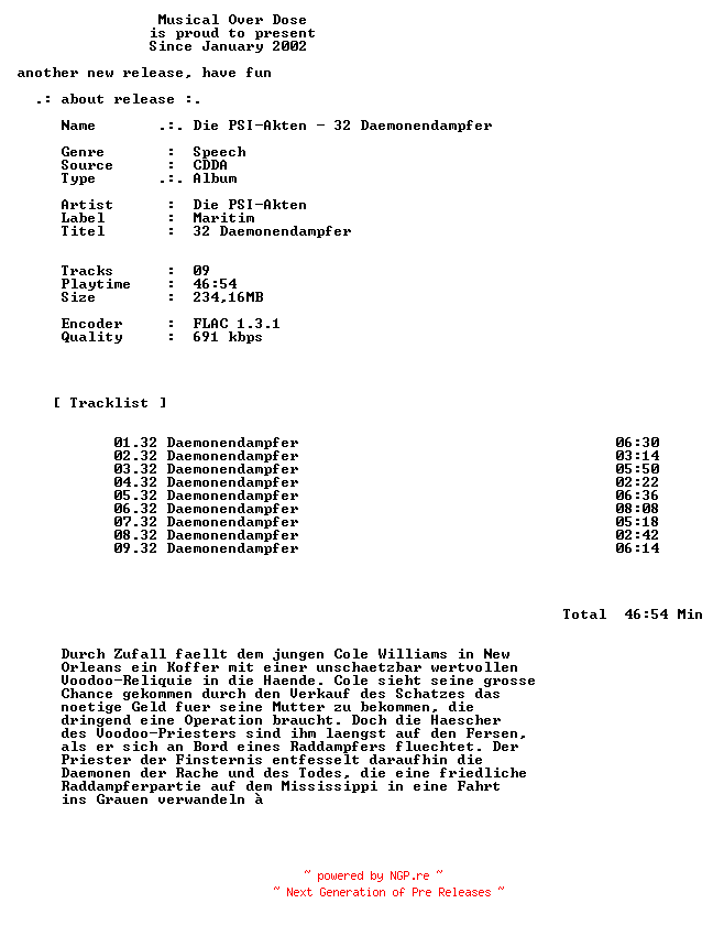 NFO for the release Die_PSI-Akten-32_Daemonendampfer-DE-Audiobook-CD-FLAC-2026-MOD by MOD