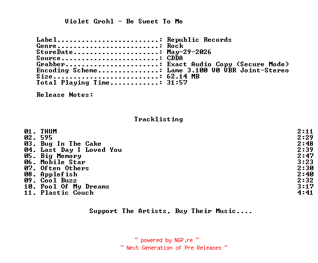 NFO for the release Violet_Grohl-Be_Sweet_To_Me-2026-C4 by C4