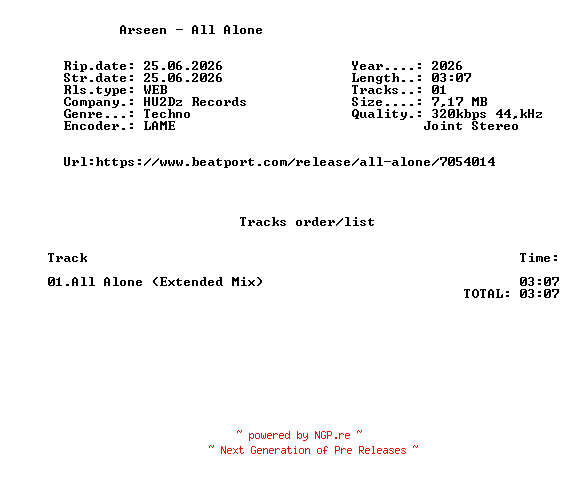 NFO for the release Arseen_-_All_Alone-(HU2DZ145)-SINGLE-WEB-2026-FMC by FMC