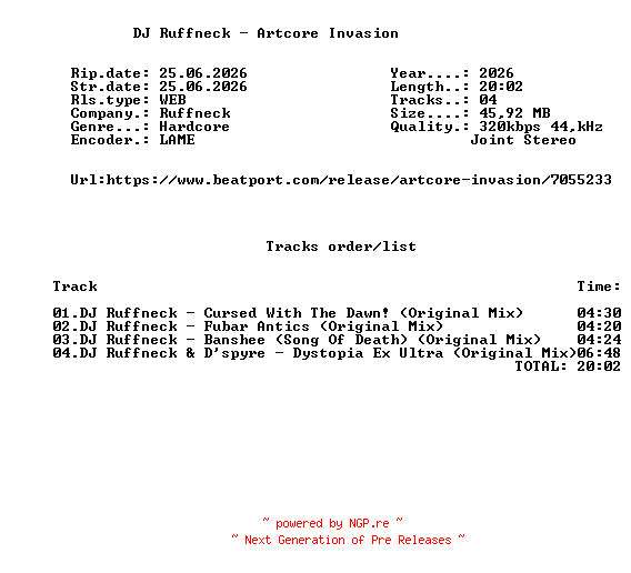NFO for the release DJ_Ruffneck_-_Artcore_Invasion-(RUFF068X)-WEB-2026-FMC by FMC