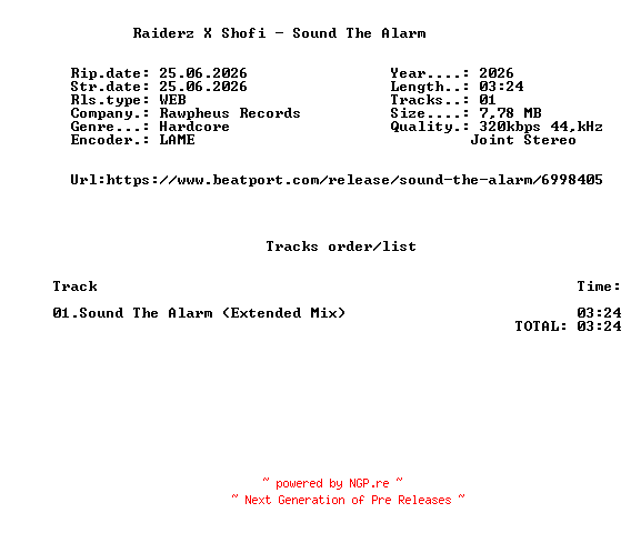 NFO for the release Raiderz_X_Shofi_-_Sound_The_Alarm-(RAWR083)-SINGLE-WEB-2026-FMC by FMC
