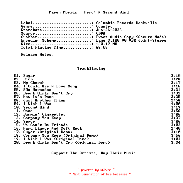NFO for the release Maren_Morris-Hero_A_Second_Wind-2026-C4 by C4