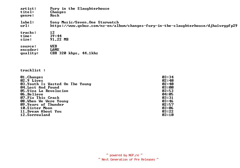 NFO for the release Fury_In_The_Slaughterhouse_-_Changes-WEB-2026-BITCOINS by BITCOINS