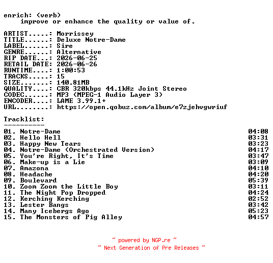 NFO for the release Morrissey-Deluxe_Notre-Dame-WEB-2026-ENRiCH by ENRiCH