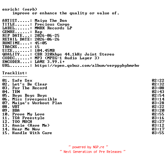 NFO for the release Maiya_The_Don-Precious_Cargo-WEB-2026-ENRiCH by ENRiCH