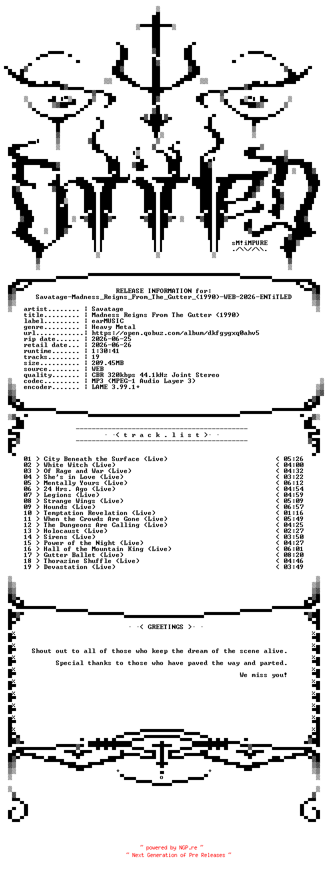 NFO for the release Savatage-Madness_Reigns_From_The_Gutter_(1990)-WEB-2026-ENTiTLED by ENTiTLED