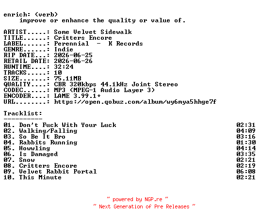NFO for the release Some_Velvet_Sidewalk-Critters_Encore-WEB-2026-ENRiCH by ENRiCH